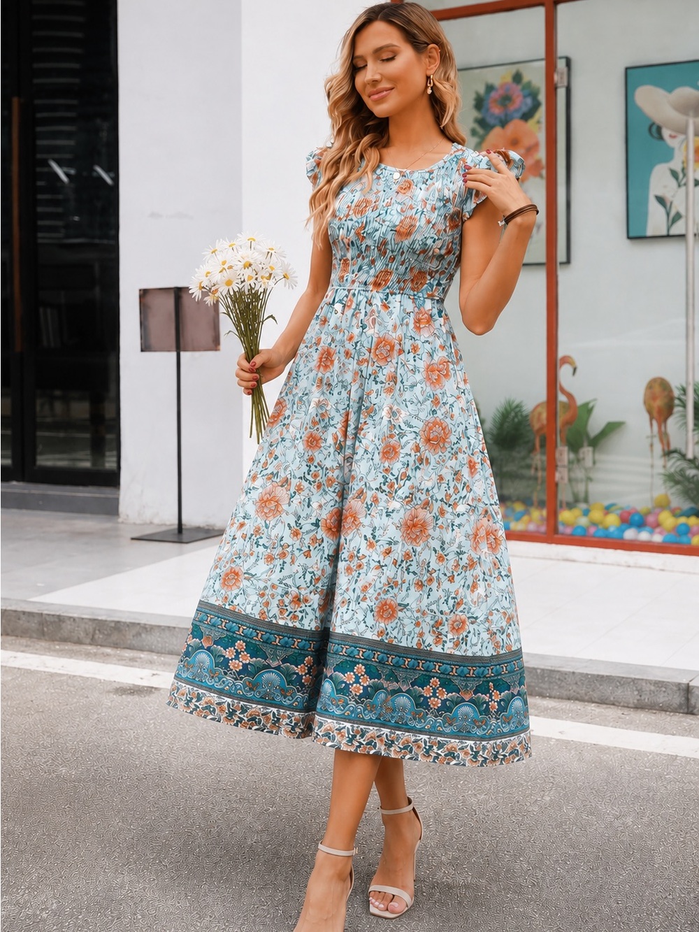 Hount Floral Smocked Midi Dress Boho Cottagecore Blue Orange Pockets Size M
